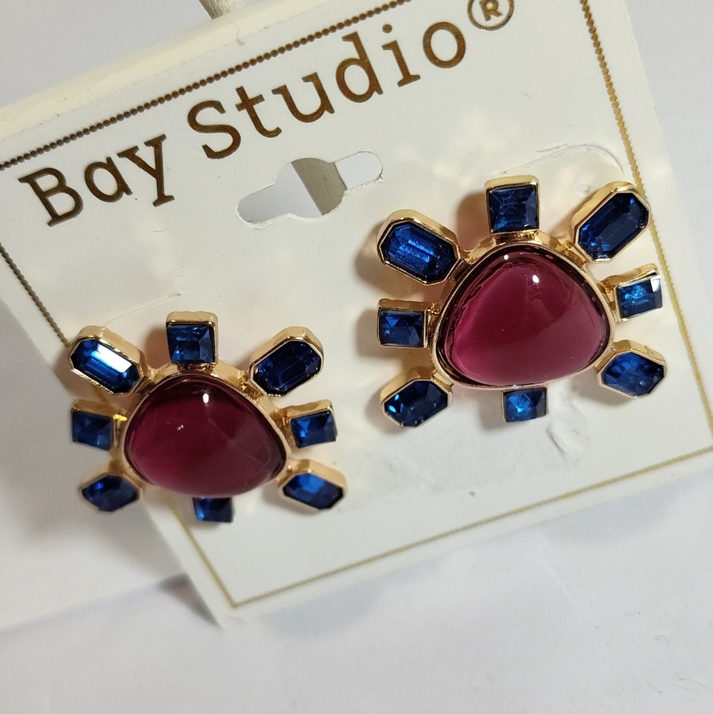 Bay Studio Gold and Deep Pink Earrings with Blue Accents